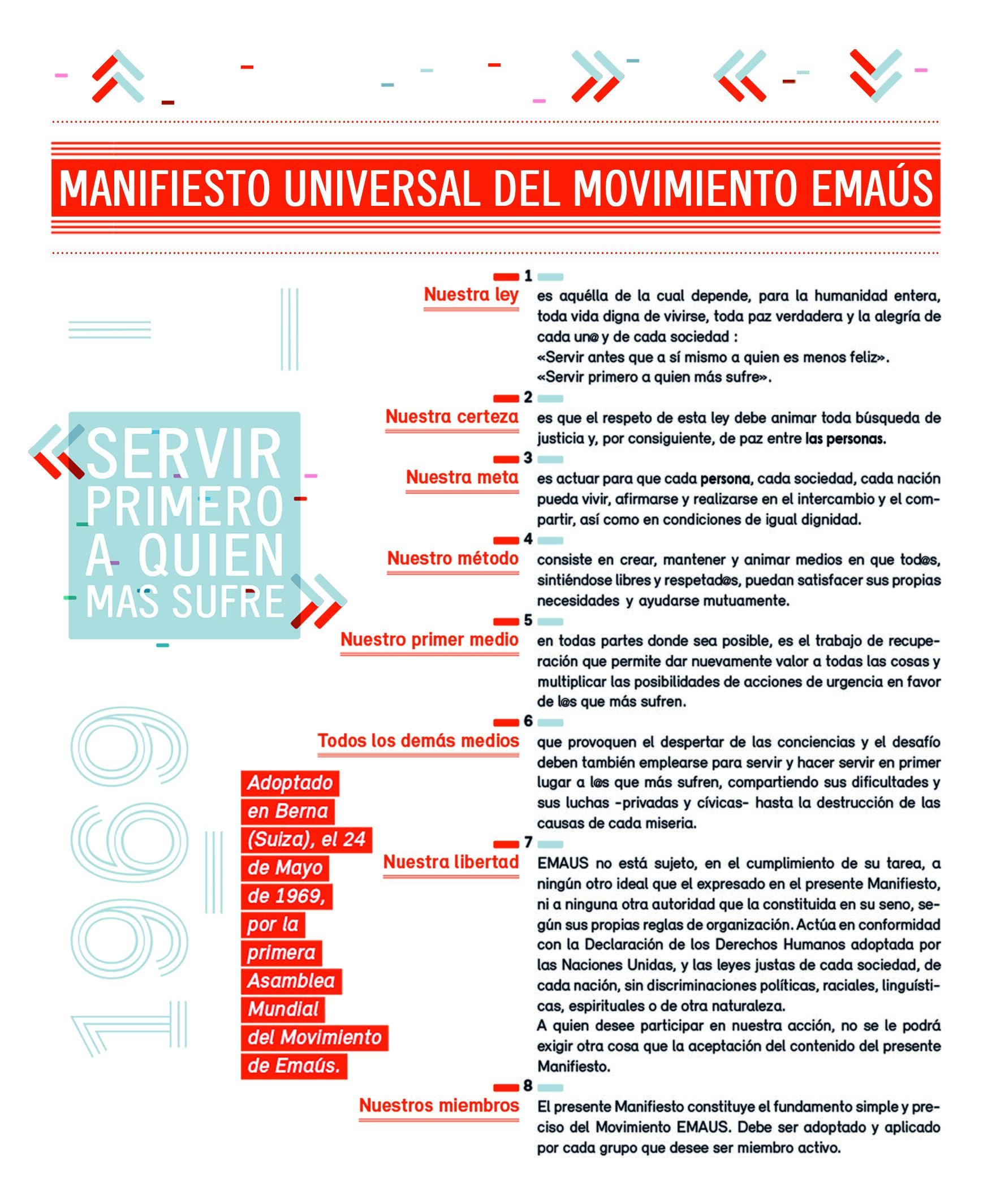 Cartel del Manifiesto Universal del Movimiento Emaús, adoptado en Berna (Suiza) el 24 de mayo de 1969, con el lema «Servir primero a quien más sufre»